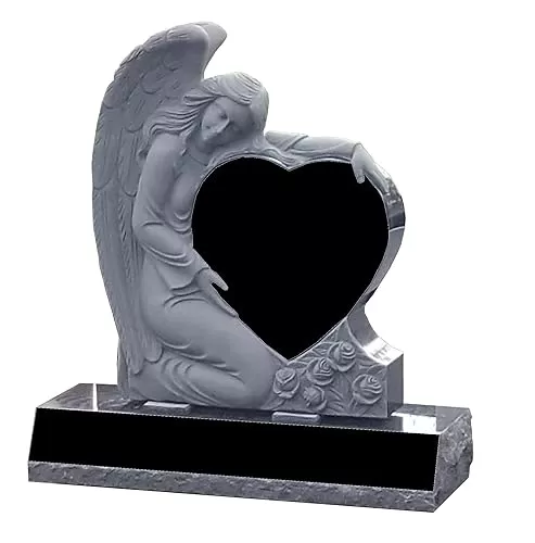 Headstone cemetery angel heart monument- large black granite upright 3-D carved angel holding a heart- engraving included- multiple designs