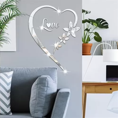 Heart Shape Mirror Wall Sticker, Removable 3D Acrylic Mirror Wall Stickers Decals Decors, Self-Adhesive DIY Love Hearts Murals Art Home Decorations for Living Room Bedroom Bathroom Office (Silver)