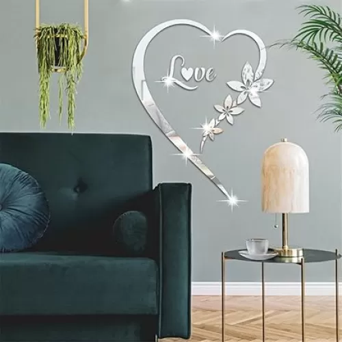 Heart Shape Mirror Wall Sticker, Self-Adhesive Love Heart Acrylic Mirror Wall Stickers Art Mural, DIY Wall Art Home Decor Heart Mirror Wall Decals for Living Room Bedroom Bathroom Office (Silver)