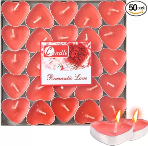Heart Shaped Tealight Candles 50 Packs, 25 * 2 Layers Romantic Love Unscented mokeless for Dinner Home Wedding (Red)