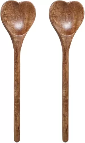 HEMOTON 2Pcs Wooden Heart Spoons Heart Shaped Wooden Spoon Kitchenware for Cooking, Wooden Kitchen Utensils Wooden Cooking Serving Mixing Spoon for Housewarming, Birthday, Valentines Day