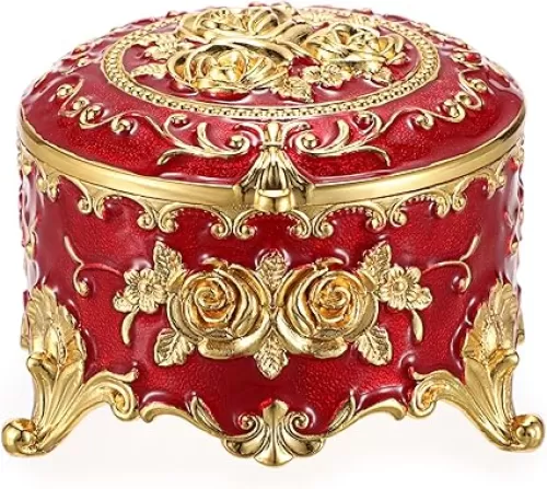 Hipiwe Vintage Metal Jewelry Box - Small Trinket Organizer Ring Box Case with Rose Pattern Jewelry Storage Box for Ring Earrings Necklace, Keepsake Box for Women Girls, Red