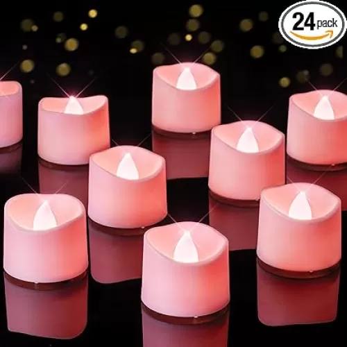 Homemory Pink Tea Lights Candles Battery Operated, 200+Hour Flameless Flickering Fake Electric LED Colored Tealights Candles for Romantic Wedding Decor, Baby Showers, Proposal, Valentine's, 24-Pack