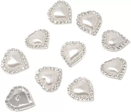 Honbay 10PCS 22mm x 23mm Heart Shaped Rhinestone White Faux Pearl Buttons Embellishments - Sew on