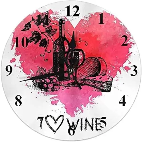 I Love Wine Clock Wine and Goblet in Pink Heart Shape Round Wall Clocks Home Decor for Living Room Bedroom Kitchen Office 10 Inch Slient Non Ticking