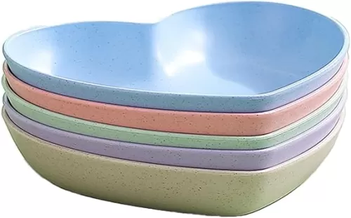 Incauca 5 Pack 6 Inch Heart Shape Mini Dipping Sauces Bowls, Unbreakable Wheat Straw Small Snack Dessert Dishes, Salad Plates for Sushi Side Dish Fruit Appetizer Cake, Assorted Colors