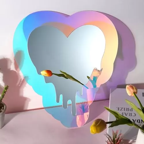 Irregular Wall Mirror Wavy Acrylic Rainbow Mirror Room Decor Aesthetic Mirror Amorphic Vanity Retro Mirror for Bedroom Living Room Bathroom Entryway Wall Decor ( Melting Heart Style, 13.5 x 12 Inch )