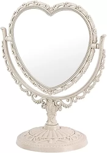 Beige Heart Shaped Mirror Cute Vanity Princess Mirror for Desk, Double-Sided Rotatable Table Mirror with Stand Downtown Girl Room Coquette Decor