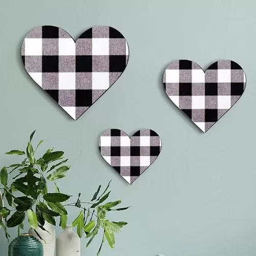 Jetec 3 Pcs Heart Shaped Wood Sign Gray Purple Buffalo Plaid Decor Wooden Heart Wall Sign Rustic Hanging love Plaque Wall Decor for Kitchen Bedroom Bathroom Living Room Farmhouse Gift, 3 Sizes