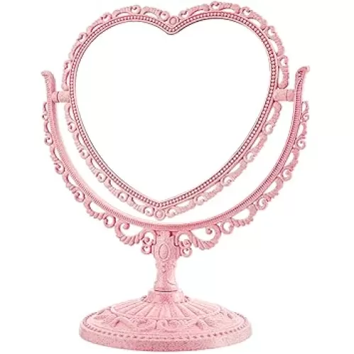 Jetec Heart Shaped Mirror Double Sided Dresser Coquette Room Decor Vintage Makeup Cosmetic Mirror for Dressing Bathroom Bedroom(Pink)