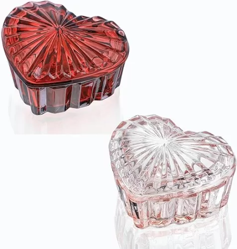 kanpura burgundy crystal glass heart-shaped jewelry box and pink glass heart shaped jewelry box candy dish with lid ring earring trinket storage box vintage jewelry organizer decorative jar gift