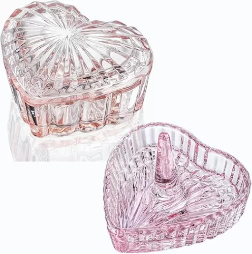kanpura pink glass heart shaped jewelry box candy dish with lid and clear crystal heart ring holder for jewelry glass ring dish, jewelry trinket tray for wedding