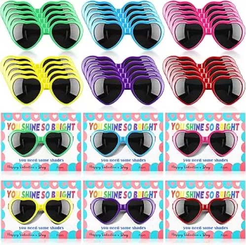 Kathfly 30 Pack Valentine‘s Day Heart Shaped Sunglasses for Kids with Gift Cards Valentine Party Favor Sunglasses with Greeting Cards Classroom Prize Supplies, Valentine's Classroom Exchange Gift