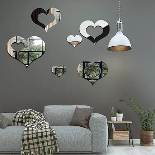 KIMOBER 13PCS Heart Shape Mirror Wall Stickers, Valentine's Day Silver Acrylic Removable Self-Adhesive Mirror Decals for Home Decorations