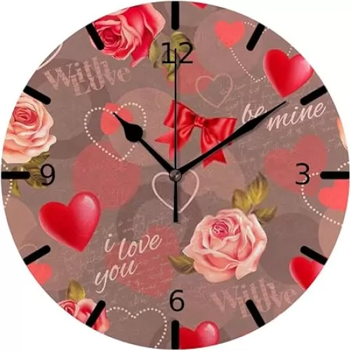 Kuizee Silent Wall Clock Non Ticking ﻿Pink Romantic Roses Heart Shapes Uncovered Decoration Home Office Bedroom Living Room Mute Battery Operated Clock 10Inch