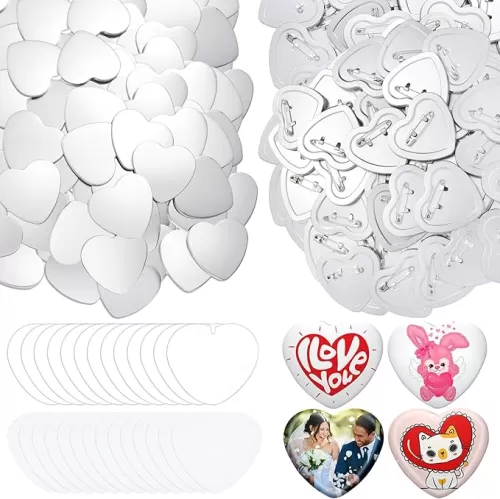 Landical 200 Sets Blank Heart Button Pin Parts 2.24 Inch Heart Shaped Maker Supplies for Button Maker Machine, DIY Badge Includes Metal Top Cover and Bottom Cover with Pin, Clear Film