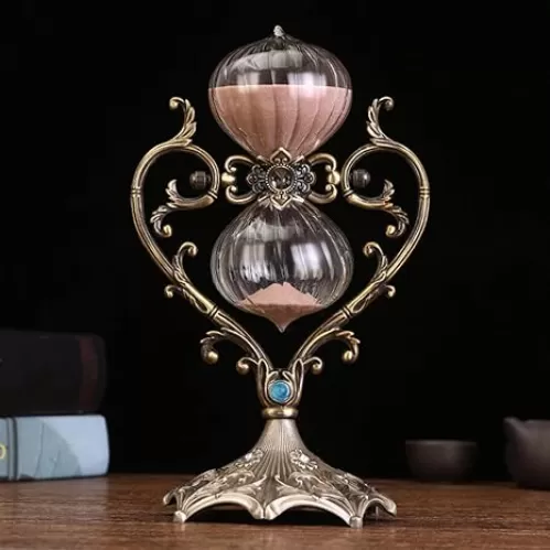 Large Hourglass, 60/30 Minute Hourglass, 360° Rotatable Heart Shape Sand Timer, Embossed Metal Sand Clock-Used for Vintage Home Decoration, Ideal Gift for Romantic Holiday(Purple/Pink Sand)