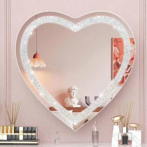 LED Heart Mirror Crushed Diamond 24"x24", Heart Shaped Mirror Wall Mounted LED Vanity Mirror with 3 Color, Stepless Dimmable, Memory, Smart Touch and Shatter-Proof