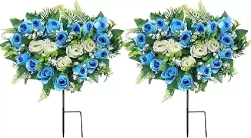 Lodou 2 Sets Artificial Cemetery Flowers, Grave Memorial Flowers with Ground Spike, Heart Shaped Wreaths Rose Flowers for Artificial Rose Decoration for Cemetery Headstones Gravesites (Blue)