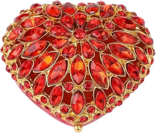 Love Heart Jewelry Trinket Box Pink Rhinestones Small Ring Hold Boxes Hand-Painted Classic Ornaments Craft Gift for Mother's Day （Red）