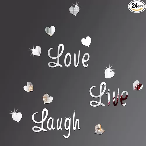 Love Live Laugh Wall Stickers Decals Silver Heart Mirror Wall Decor for Bedroom Living Room DIY Decoration