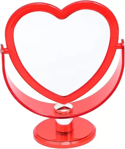 Loving Heart Mirror Two-Sided Acrylic Makeup Mirror with Angle and Stable Base for Home Decor and Desktop Use Red