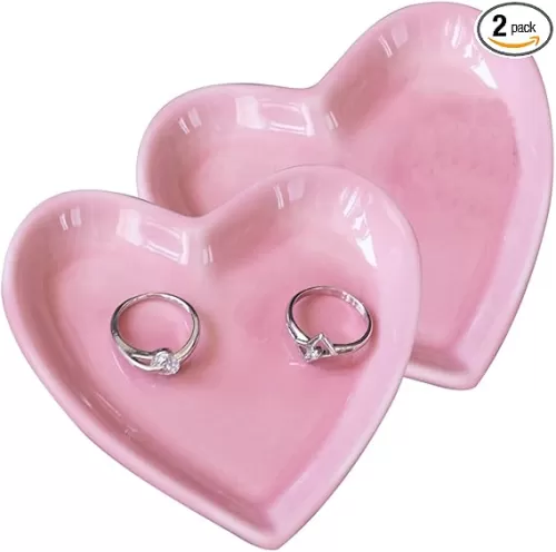 luzen 2Pcs Ceramic Jewelry Tray Dish Heart Shape Ring Jewelry Plate Decorative Trinket Dish Tray Holder Home Decoration for Rings Earrings Necklace Jewelry Organizer and Display, Pink