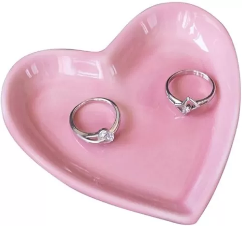 Meeshine Ceramic Jewelry Tray for Women, Heart Shaped Jewelry Plate Ring Dish, Pink Trinket for Birthday Friends Daily Family(Pink)