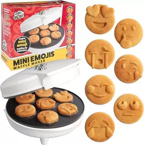 Mini Emojis Waffle Maker for Fathers Day Special Breakfast- Make 7 Unique Smiley Face Waffles Pancakes- Electric Non Stick Iron Feat Kiss Face, Heart Eyes & Smile, Gift for Her Kids- Licensed by Emoji