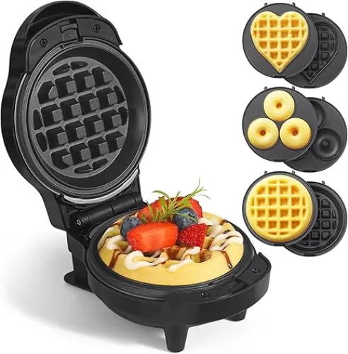 UVFAST Mini Waffles Maker with 6 Removable Plates, 3 in 1 Small Waffle Maker Mini- Waffle, Heart Waffle, Donut, 4.5" Non Stick Waffle Iron for Kids and Families, Black