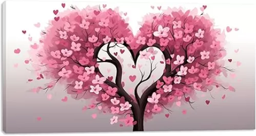 MODOJOART Abstract Tree Canvas Wall Art, Heart-shaped Tree with Pink Flowers Painting Print Love Theme Poster Picture for Bedroom Hallway Decor(Artwork-05, 24"x12")
