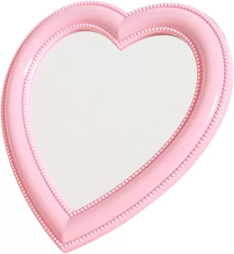 Mokoze Desk Heart Mirror, Wall Mounted Mirror with Bracket Hanging Hole, 11"x10.6" Light Pink for Table Home Room Decor, Birthday Gift for Girl Women