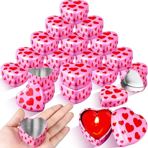 MorningRo 24 Pcs Valentine Heart Candle Tins with Lids Empty Heart Shaped Candle Jars 2 oz Containers Box for DIY Making Candles Valentine Gifts(Pink)