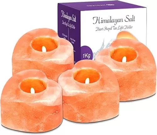 Nevlers 4 Pack Pure Himalayan Salt Candle Holders | Heart Shaped Himalayan Salt Tea Candle Holder | Hand Crafted Himalayan Tealight Holders | Salt Candle Holder for Decor | Salt Lamp Tealight Holders