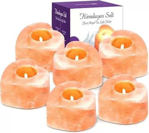 Nevlers 6 Pack Pure Himalayan Salt Candle Holders | Heart Shaped Himalayan Salt Tea Candle Holder | Hand Crafted Himalayan Tealight Holders | Salt Candle Holder for Decor | Salt Lamp Tealight Holders