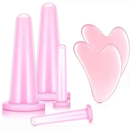 Nuanchu 4 Pieces Facial Cupping Massage Cups & Gua Sha Boards Set, 2 Pcs Gua Sha Massage Tool Facial Tool Heart Shape Guasha Scraping Board for Face Eyes Neck Back (Pink)