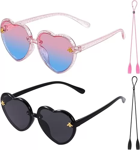 obmwang 2 PCS Kids Heart Shaped Sunglasses Cute Bee Glasses with Strap for Girls Boys Age 3-10 UV400 Protection Outdoor Beach