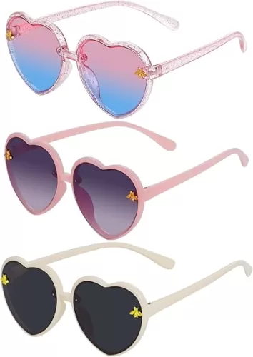 obmwang 3 Pieces Kids Heart Shaped Sunglasses Stylish Cute Bee Sunglasses for Toddler Girls Age 3-10 Outdoor Beach Eyewear