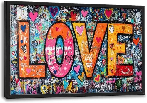 Olivine Banksy Large Wall Art, Graffiti Love Heart Pictures Wall Decor, Street Pop Painting, Colorful Canvas Prints, Framed Artwork for Dining Room Living Room Bedroom Bathroom Office Home 36"x24"