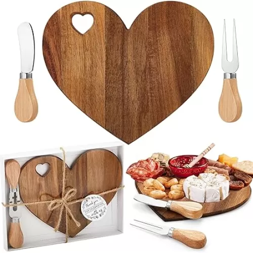 Patelai 1 Set Bridal Shower Favor Heart Cheese Board Cheese Knives Wood Mini Charcuterie Board Thank You Gift Box for Guest Bridal Baby Shower Prize Wedding Birthday Valentines (Acacia Color)