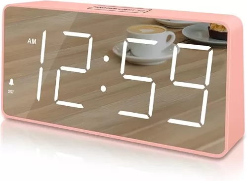 Peakeep Digital Clock, Alarm Clock Battery Backup Powered for Bedrooms - Mirror Face Large Numbers 6 Dimmers for Seniors, Super Loud for Heavy Sleepers (Pink)