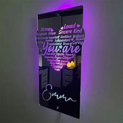 Personalized I AM Affirmations Name Mirror, LED Light Up Heart Shaped Bedroom Wall Decoration, Mother's Day Anniversary Christmas Birthday Gifts for Kids Mom Friend Wife