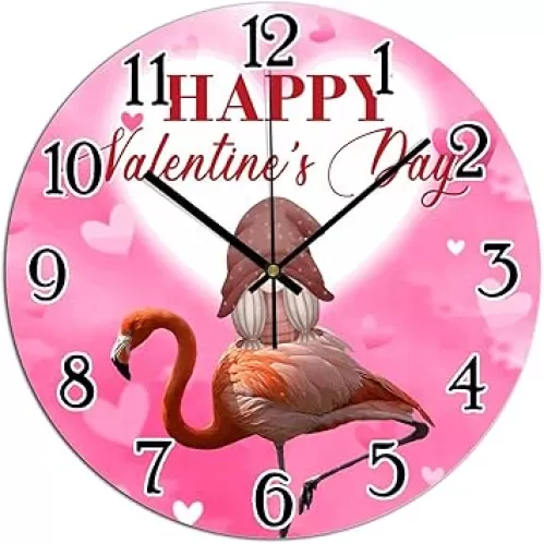 Pink Heart Flamingo and Gnome Art Clock Heart-Shaped Outline Valentine PVC Clocks Happy Valentine's Day Cupid Gnome Wall Clocks Silent Non-Ticking Clock for Bedroom 12x12in