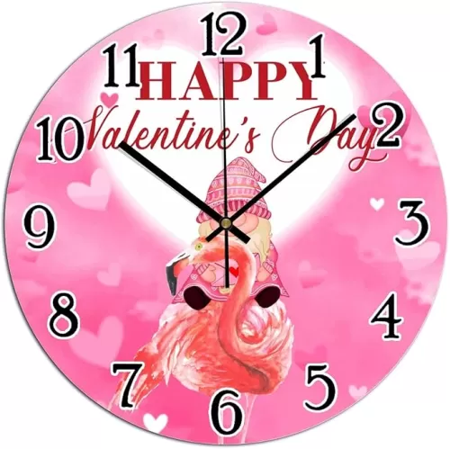Pink Heart Flamingo and Gnome Wall Clock Heart-Shaped Outline Valentine PVC Clocks Happy Valentine's Day Cupid Gnome Art Clocks Silent Non-Ticking Clock for Bedroom 12x12in