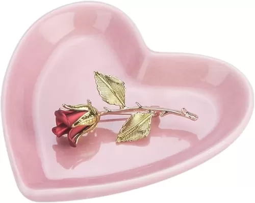 Pink Heart Jewelry Tray, Engagement Wedding Ring Dish Earring Holder for Newlyweds, Sweet Gift for Women, Ceramic. NO ROSE.