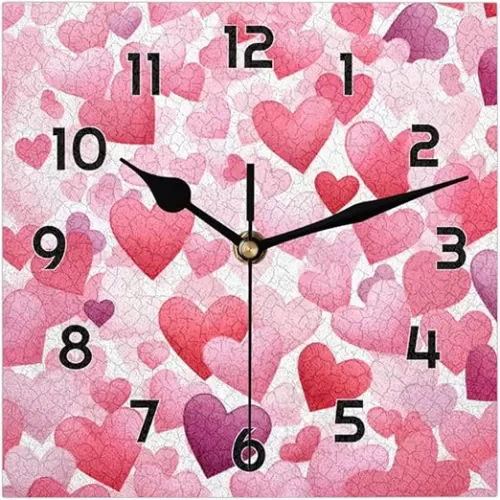 Pink Heart Print Valentine's Day Square Wall Clock 12 Inch Non Ticking Silent Battery Operated Clock Wall Clocks Decorative for Living Room, Kitchen, Bedroom, Office