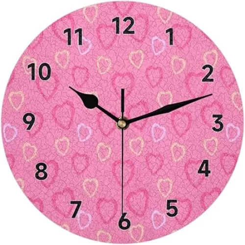 Pink Heart Shape Wall Clock Decorative Round 12 Inch Love Wall Clocks Battery Operated for Kitchen Living Room Bedroom Bathroom Office Home Decor
