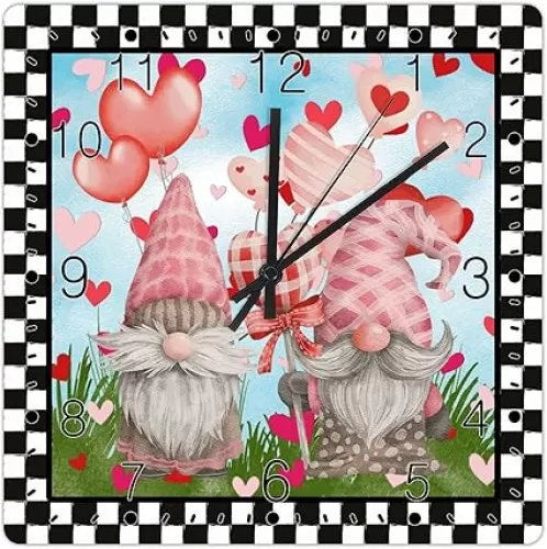 Pink Valentine's Day Gnome Clock Heart-Shaped Outline Valentine Wall Clock Black Plaid Check Pink Heart Balloon Wooden Wall Clock Silent Battery Operated Wooden Clocks for Home 10inch