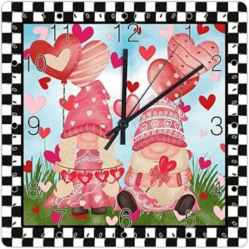 Pink Valentine's Day Gnome Wooden Clock Black Plaid Check Pink Heart Balloon Art Clocks Heart-Shaped Outline Valentine Clocks Non-Ticking Battery Operated Clock for Living Room 15inch