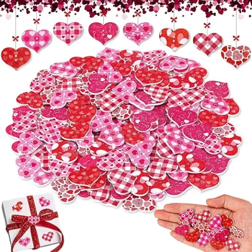 Red Heart Buttons for Crafts - 200 Pcs Wooden Pink Heart Craft Buttons for Sewing Clothes Accessories Scrapbooking DIY Valentine's Day Decorative Embellishments 1 in
